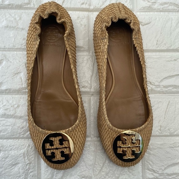 TORY BURCH  Python Embossed Leather Minnie Scrunch Ballet Flats - Picture 1 of 8